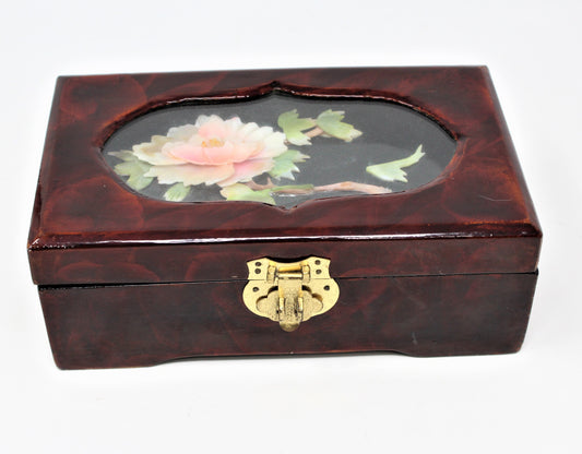 Jewelry Box, Shell Art, Oriental Lotus Flower, Lacquered, Vintage