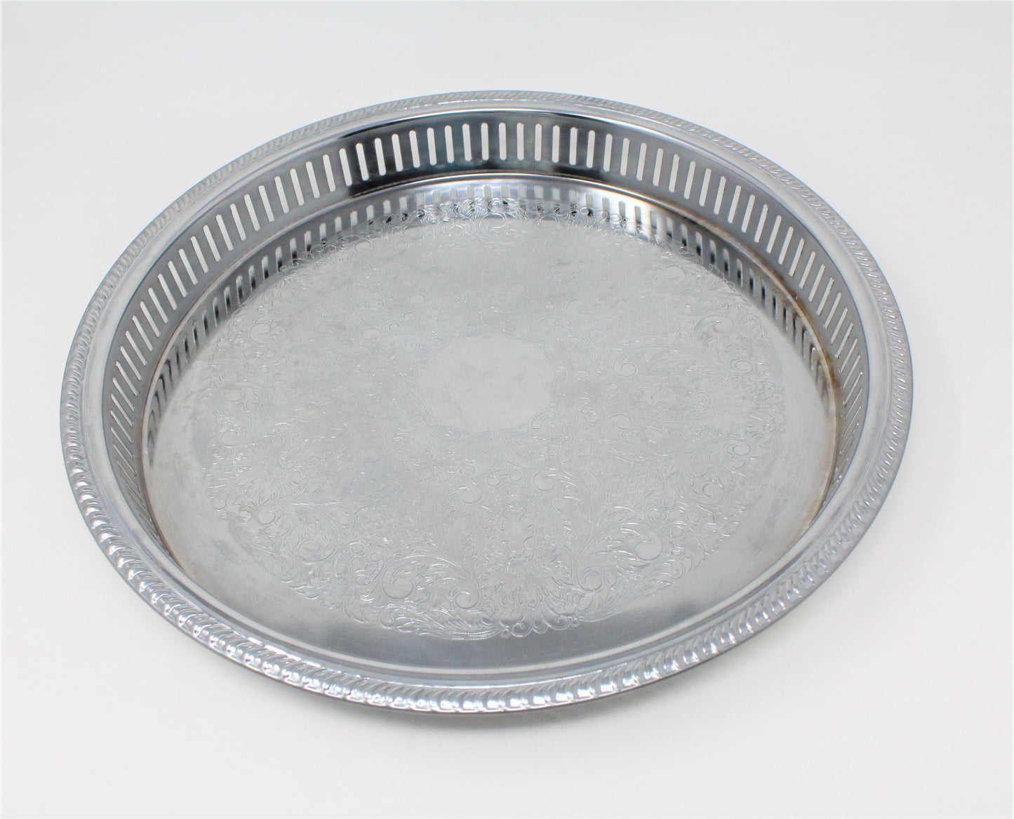 Tray, Irvinware, Gallery Tray, Reticulated, Chrome Plated, Original Box, Round, 13", Vintage