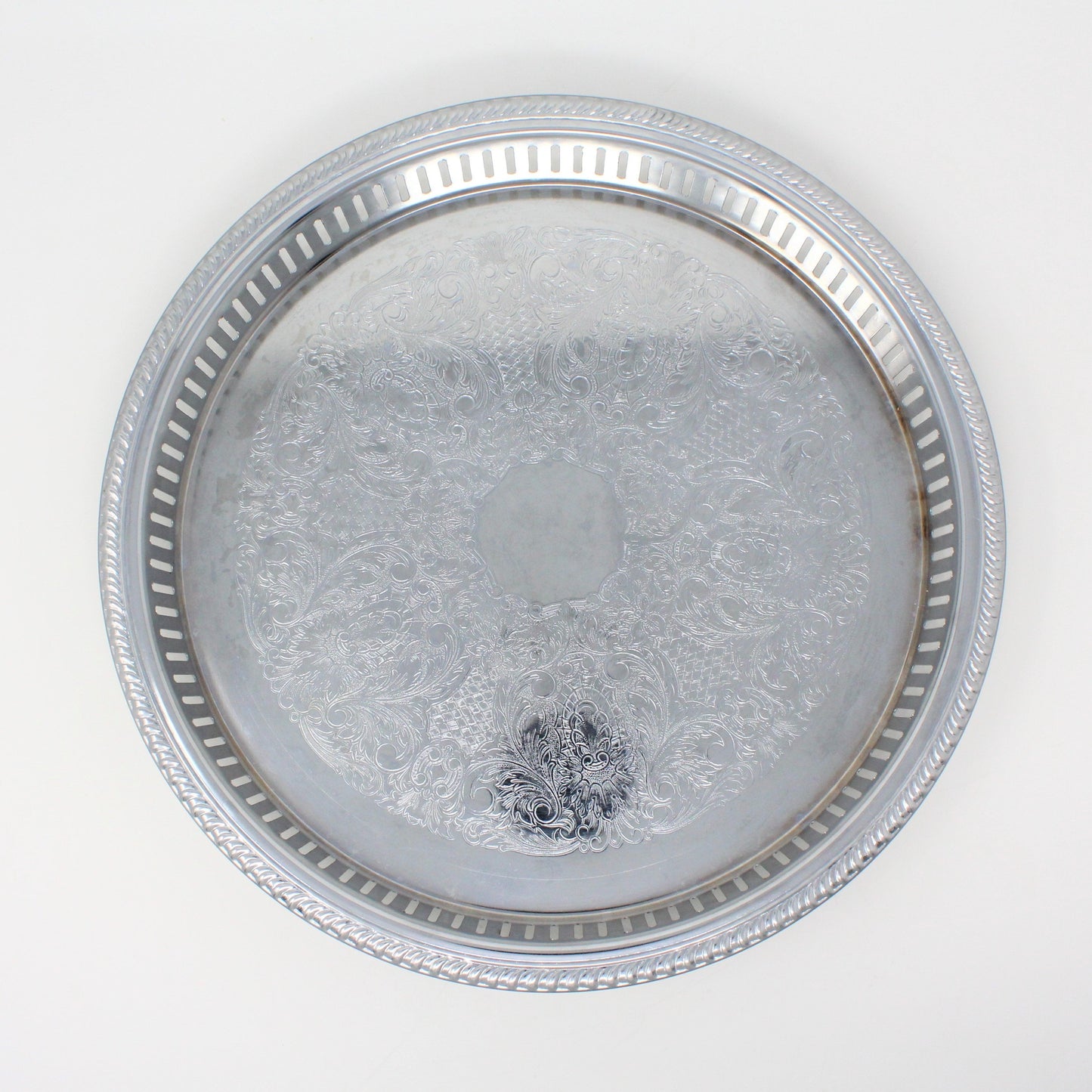 Tray, Irvinware, Gallery Tray, Reticulated, Chrome Plated, Original Box, Round, 13", Vintage
