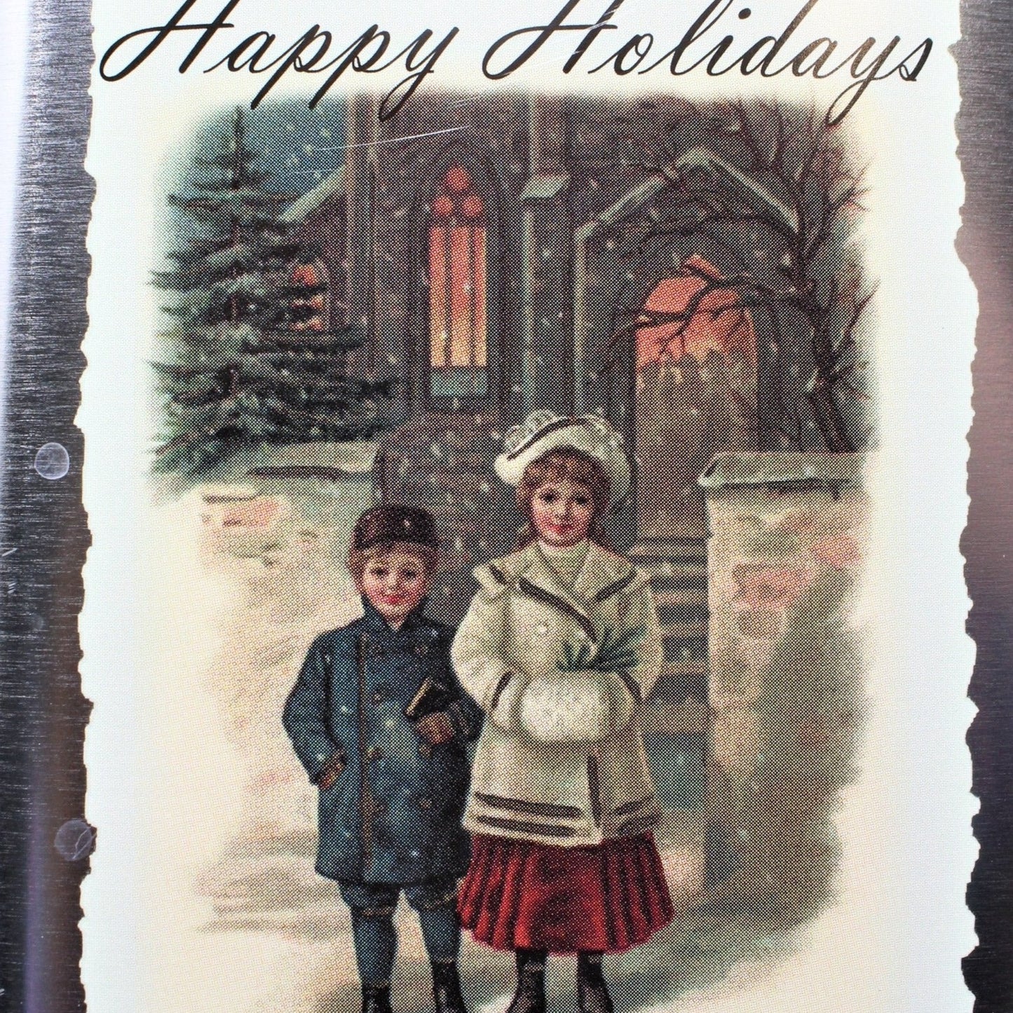Gift Tin / Cookie Tin, Victorian Children, Happy Holidays, Metallic Teal Blue, Square