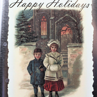 Gift Tin / Cookie Tin, Victorian Children, Happy Holidays, Metallic Teal Blue, Square