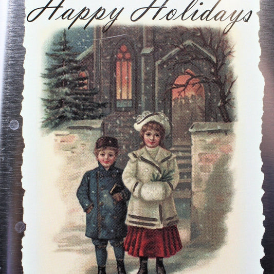 Gift Tin / Cookie Tin, Victorian Children, Happy Holidays, Metallic Teal Blue, Square