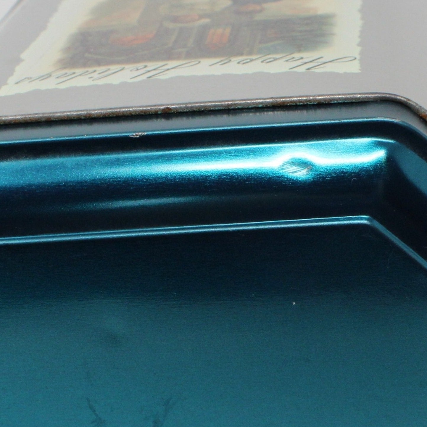 Gift Tin / Cookie Tin, Victorian Children, Happy Holidays, Metallic Teal Blue, Square