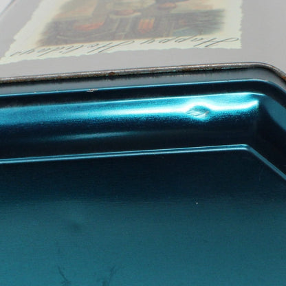 Gift Tin / Cookie Tin, Victorian Children, Happy Holidays, Metallic Teal Blue, Square