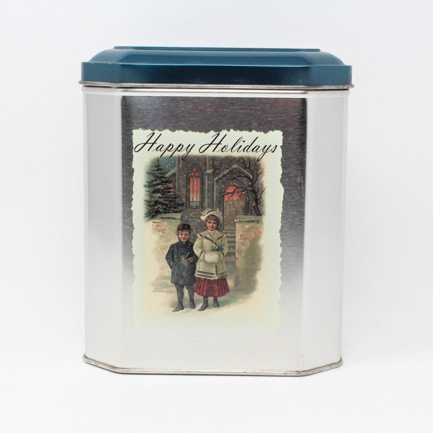 Gift Tin / Cookie Tin, Victorian Children, Happy Holidays, Metallic Teal Blue, Square