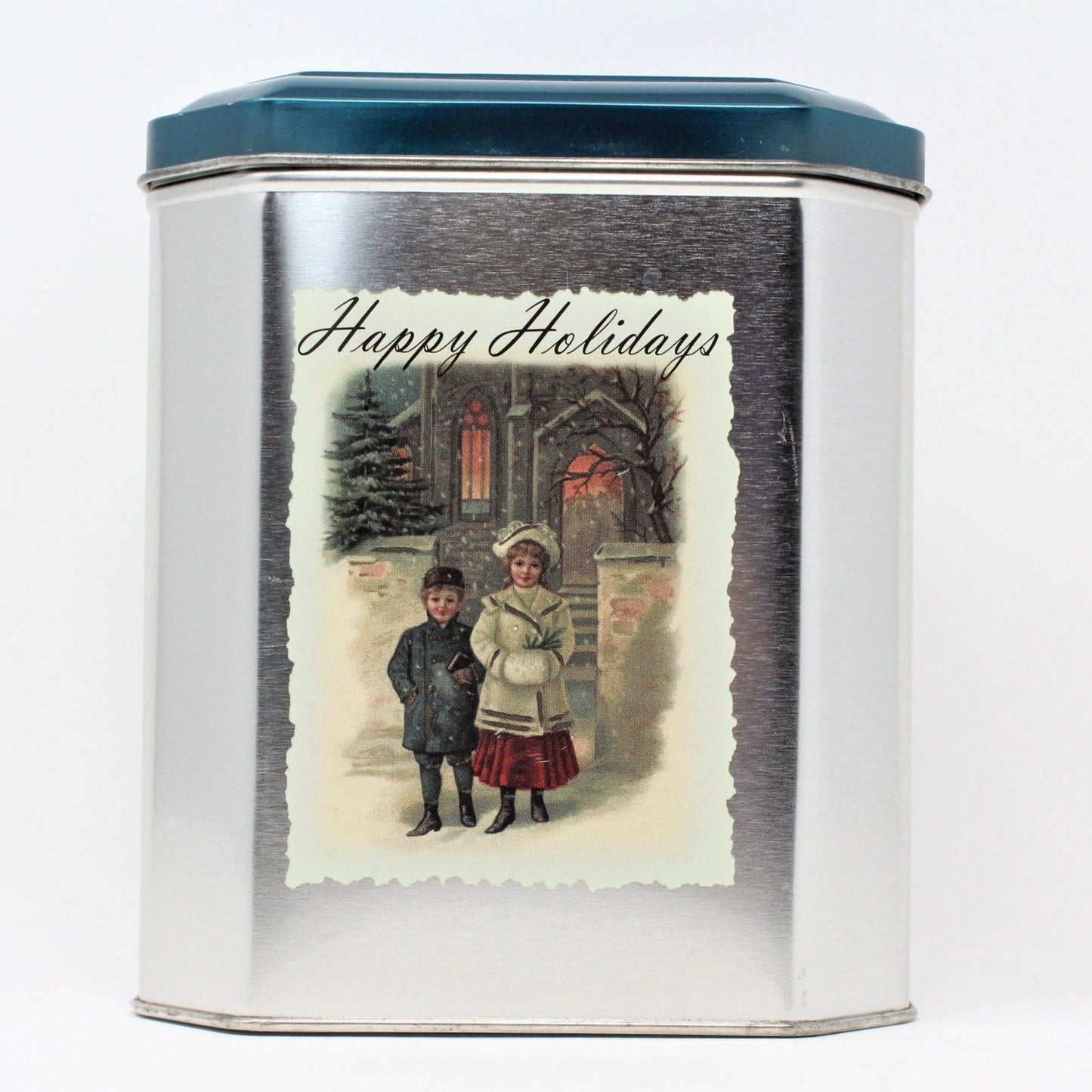Gift Tin / Cookie Tin, Victorian Children, Happy Holidays, Metallic Teal Blue, Square
