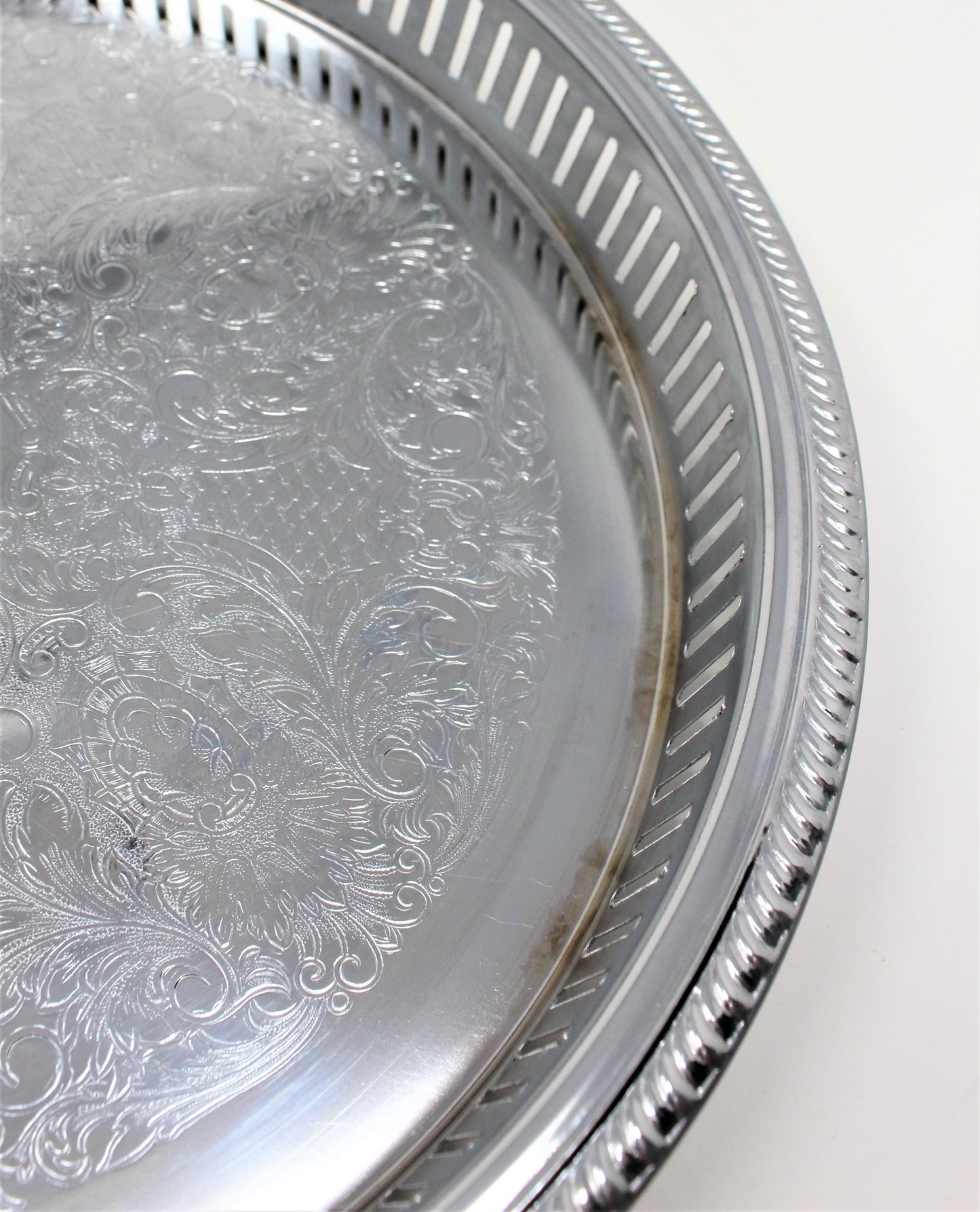 Tray, Irvinware, Gallery Tray, Reticulated, Chrome Plated, Original Box, Round, 13", Vintage