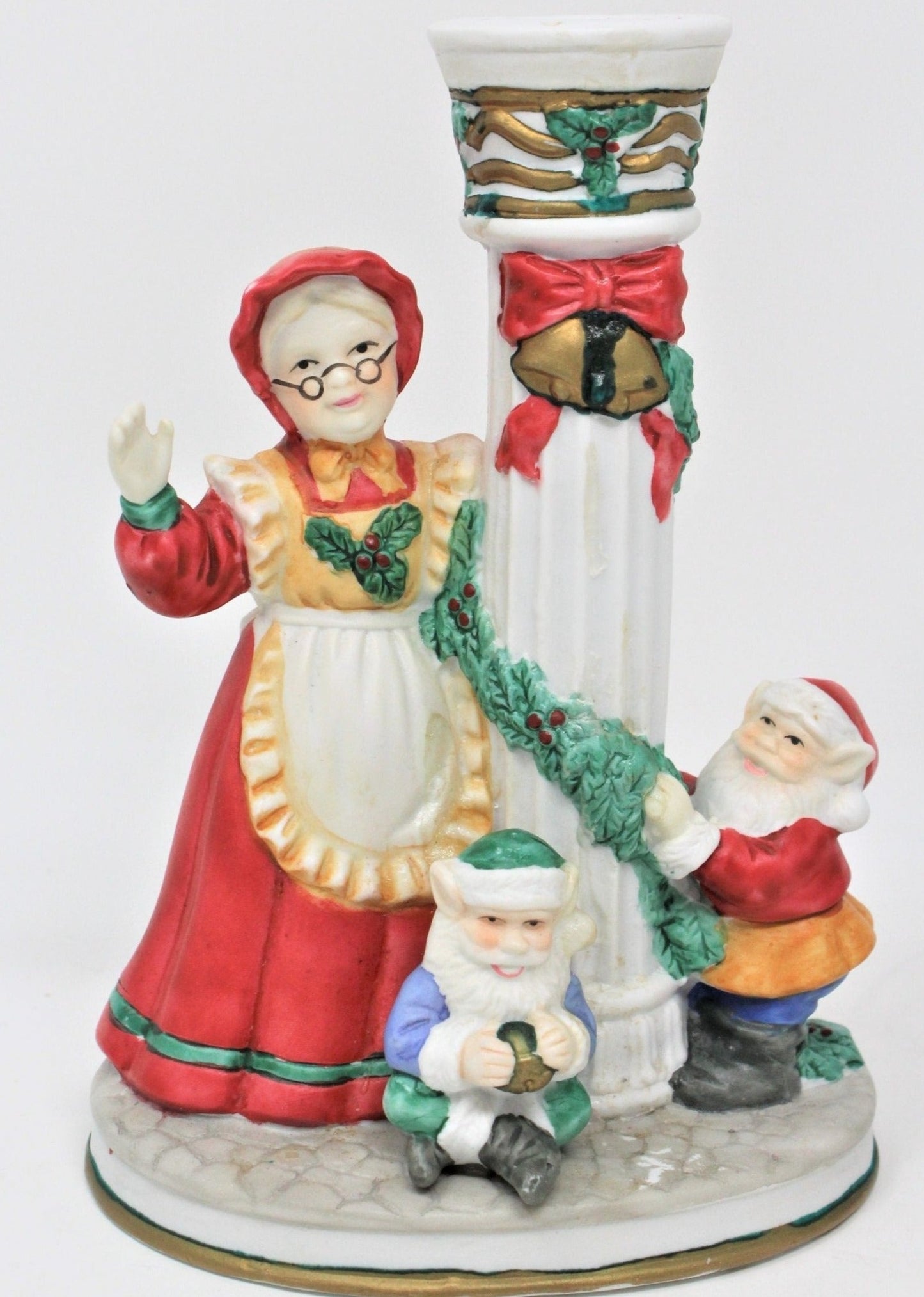 Candle Holders, Santa & Mrs. Claus with Elves, Porcelain, Vintage