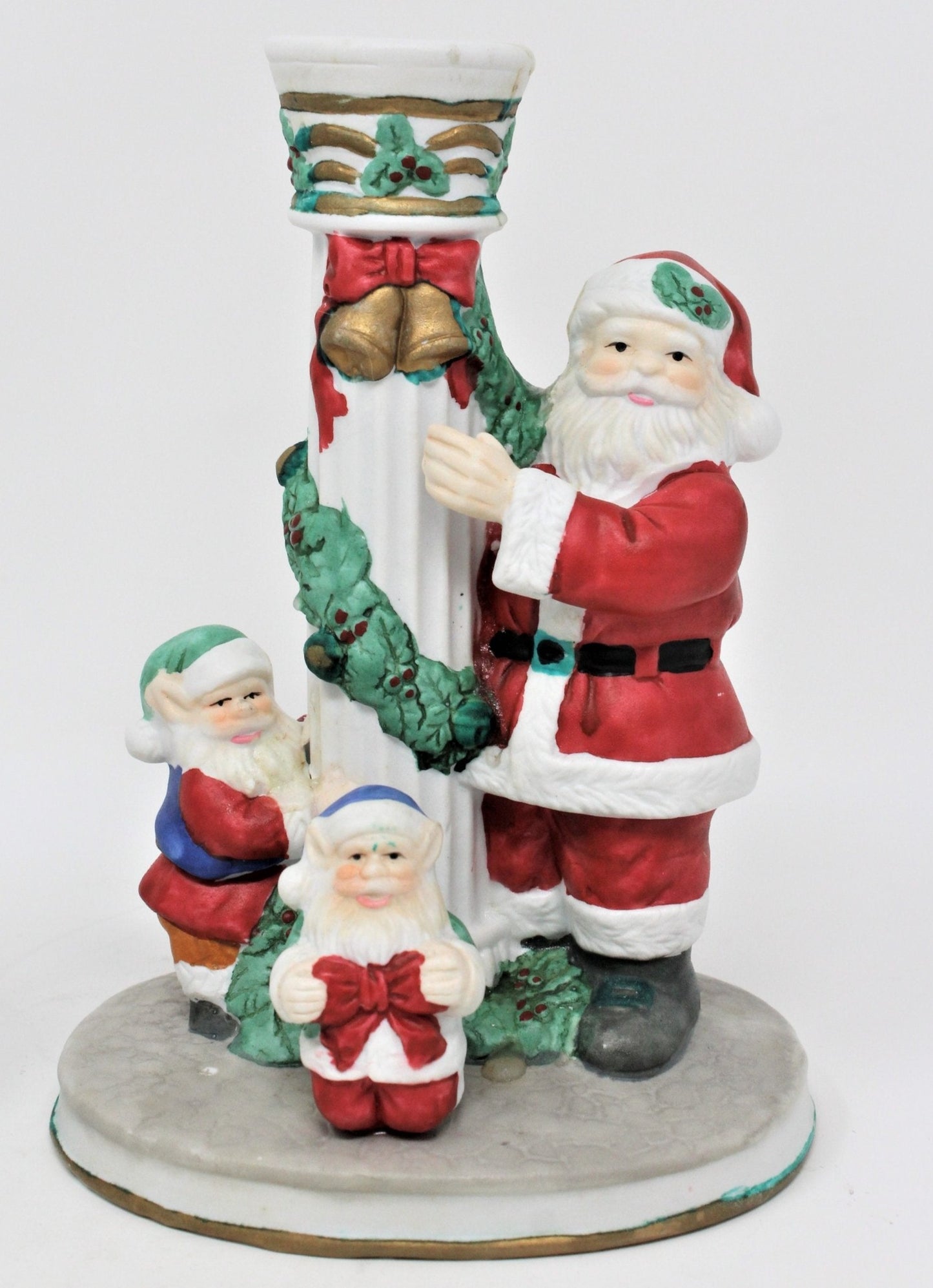 Candle Holders, Santa & Mrs. Claus with Elves, Porcelain, Vintage
