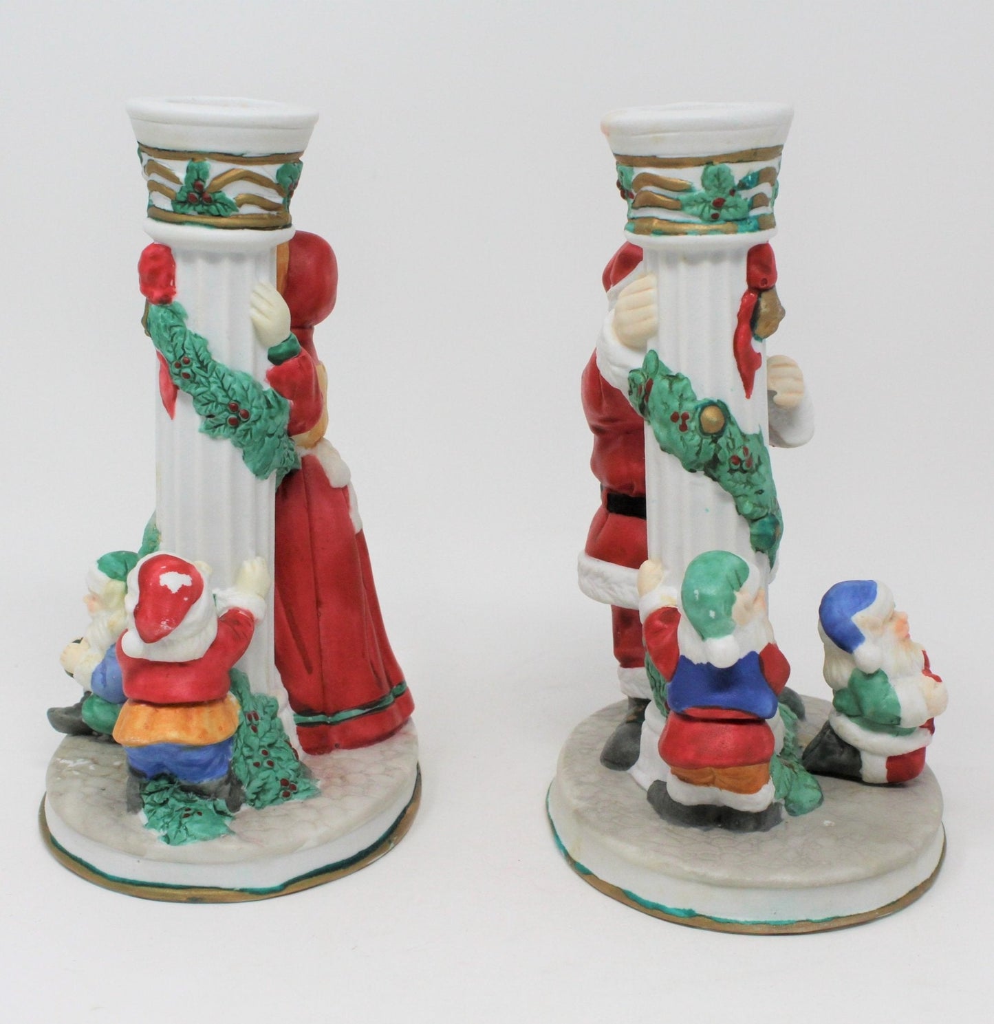 Candle Holders, Santa & Mrs. Claus with Elves, Porcelain, Vintage