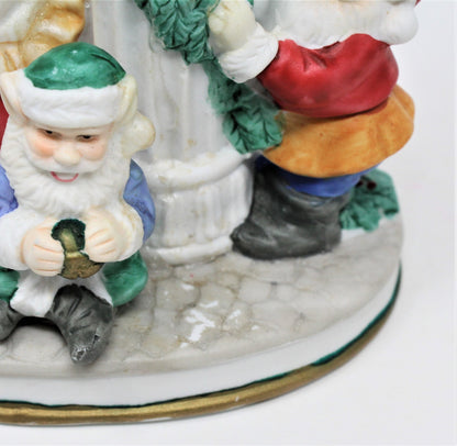 Candle Holders, Santa & Mrs. Claus with Elves, Porcelain, Vintage