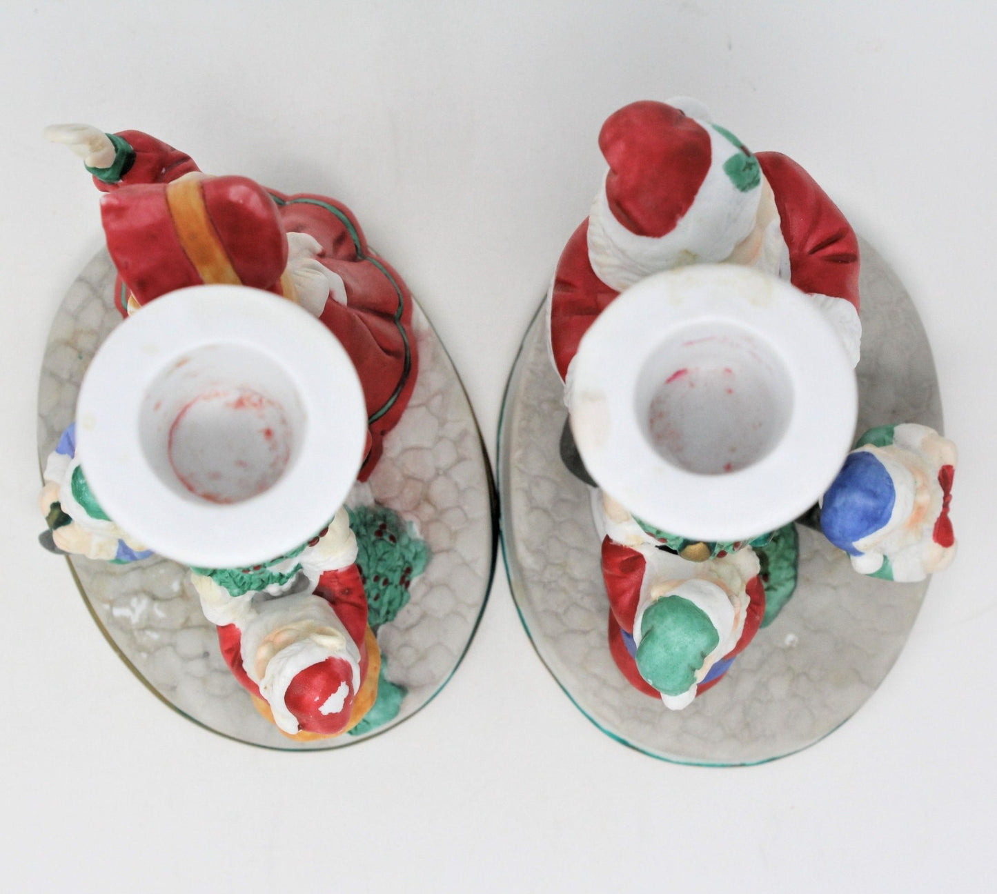 Candle Holders, Santa & Mrs. Claus with Elves, Porcelain, Vintage