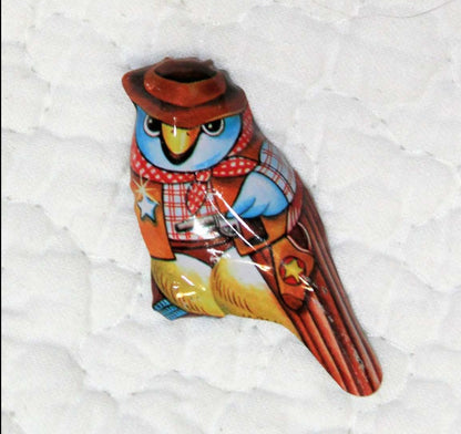 Pin, Tin Lithograph Anthropomorphic Bird Cowboy, Original, Vintage