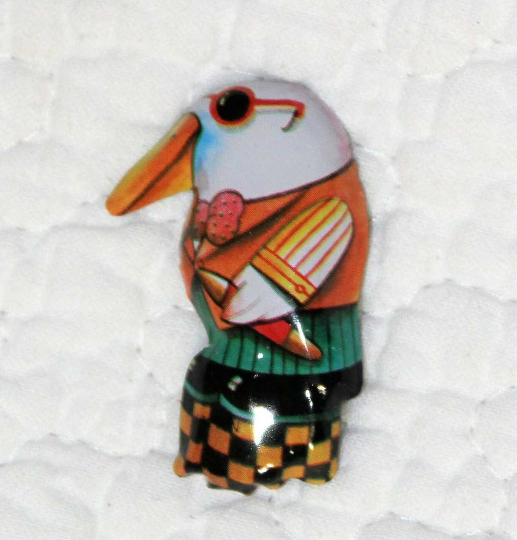 Pin, Tin Lithograph Anthropomorphic Bird Smoking Cigar, Original, Vintage