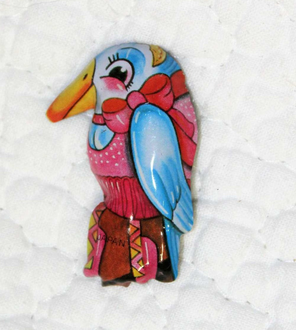 Pin, Tin Lithograph Anthropomorphic Bird Ballerina, Original, Vintage