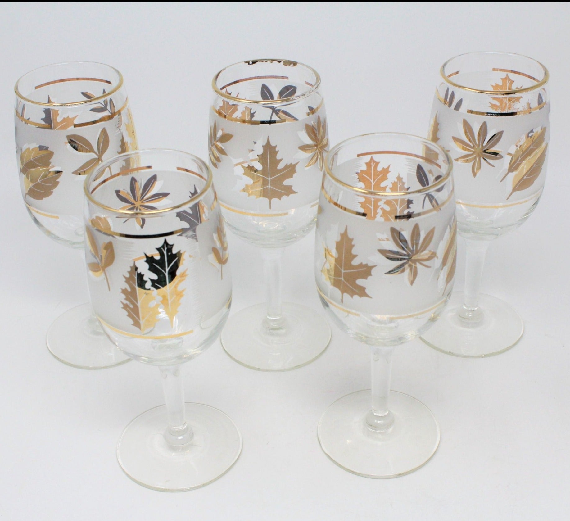 mid-century vintage Libbey gold foliage leaf print wine or cocktail glasses  set