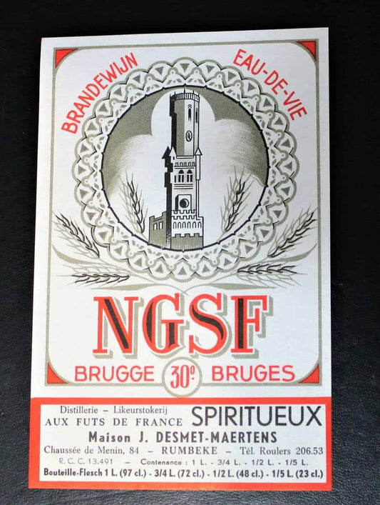 Liquor Label, French, NGSF Brugge, Brandewijn Eau-De-Vie Maison J. Desmet-Maertens- Red, Vintage