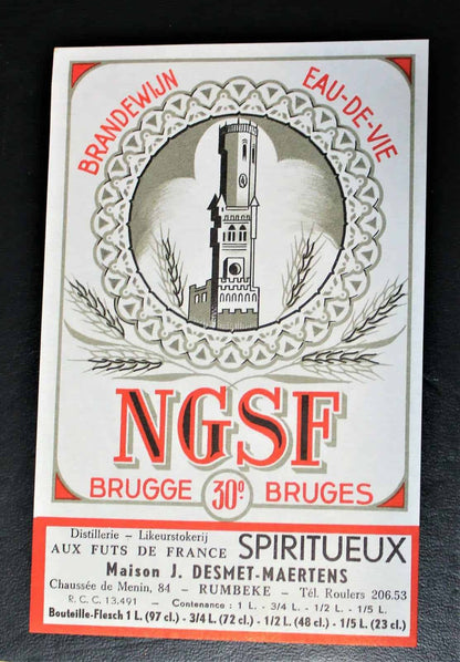 Liquor Label, French, NGSF Brugge, Brandewijn Eau-De-Vie Maison J. Desmet-Maertens- Red, Vintage
