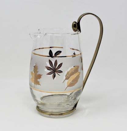 Pitcher, Libbey, Golden Foliage, MCM with Metal Handle, Vintage