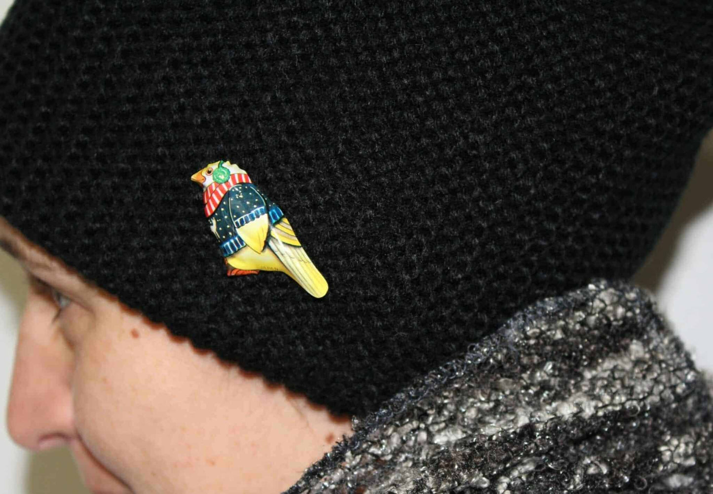 Pin, Tin Lithograph Anthropomorphic Bird in Sweater, Original, Vintage