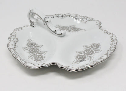 Candy Dish, Divided with Handle, Silver Roses, T. Bavaria Germany Design, Vintage
