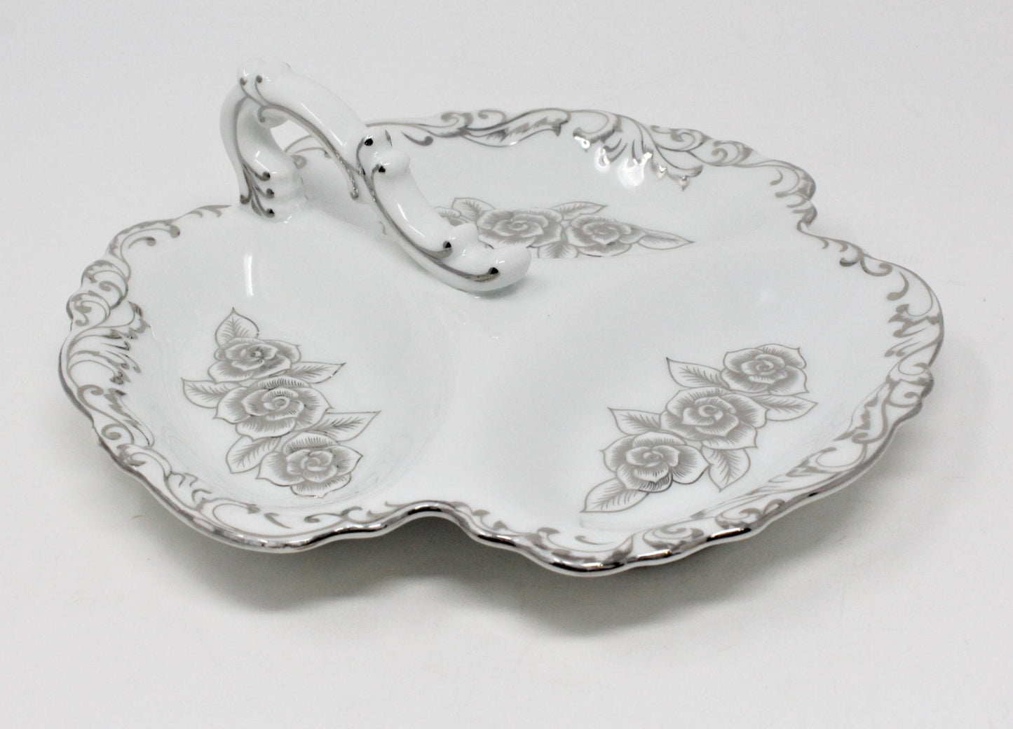 Candy Dish, Divided with Handle, Silver Roses, Bavaria Germany Design, Vintage