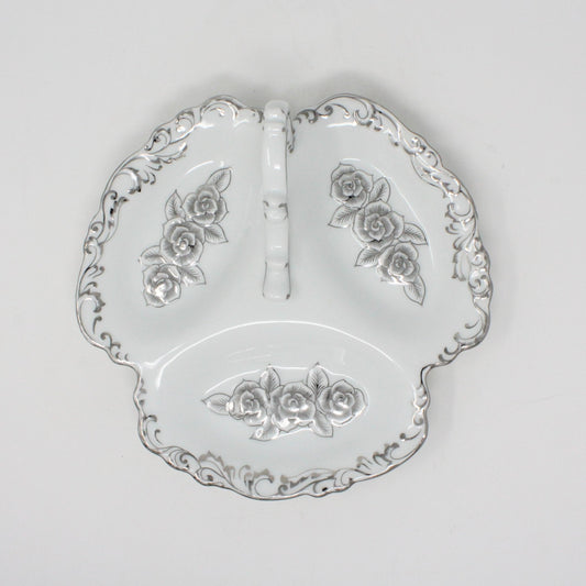 Bon Bon / Candy Dish with Handle, Divided with Handle, Silver Roses, Bavaria Germany Design, Vintage