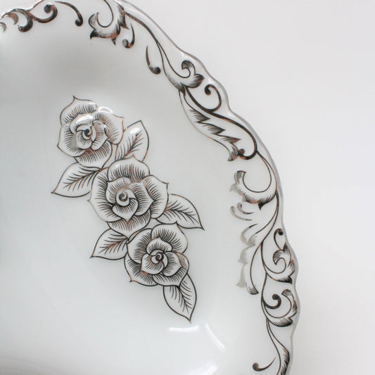 Bon Bon / Candy Dish with Handle, Divided with Handle, Silver Roses, Bavaria Germany Design, Vintage