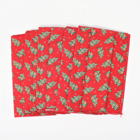 Cloth Dinner Napkins, Christmas Red Holly & Bells, Set of 8, Vintage