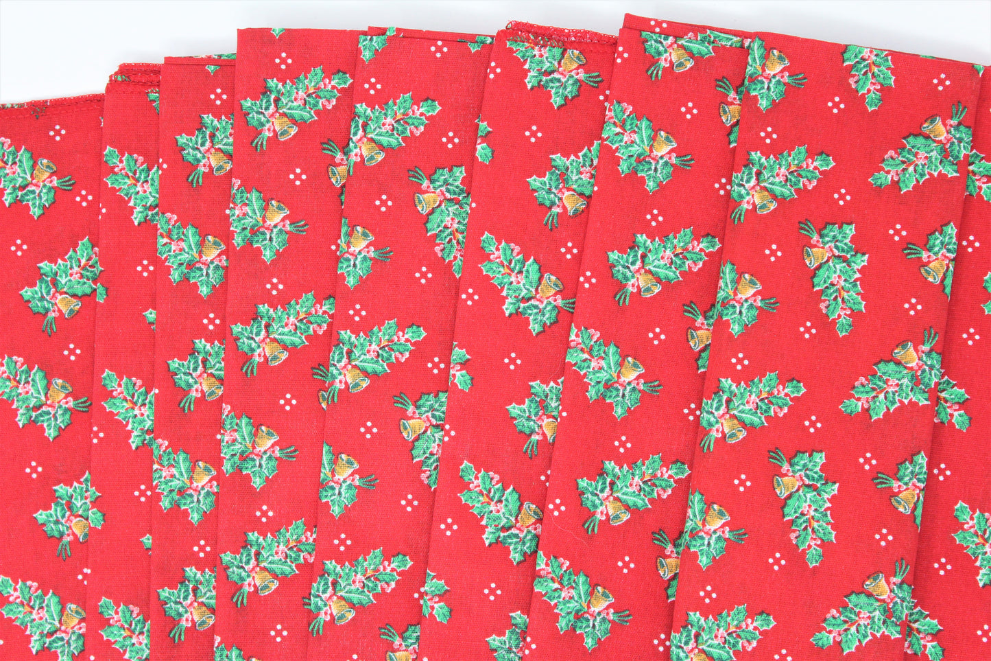 Cloth Dinner Napkins, Christmas Red Holly & Bells, Set of 8, Vintage