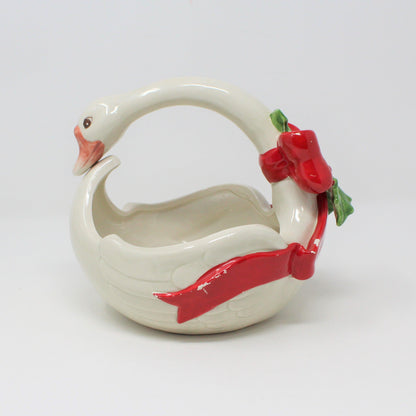 Basket, Fitz and Floyd, Christmas Goose, Bows & Holly, Hand Painted, Vintage, SOLD