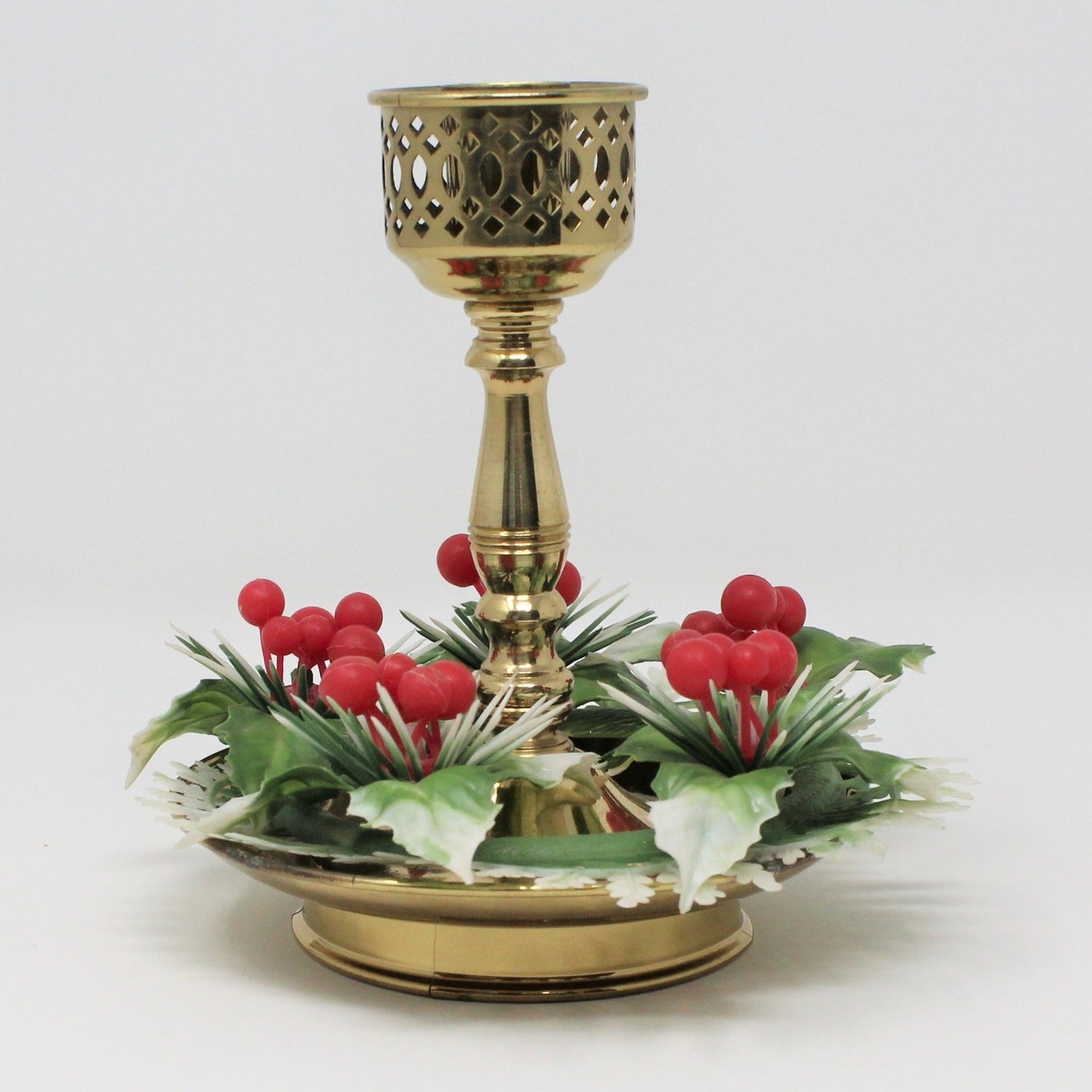 Candle Holder with Christmas Ring, Brass Color, Taper, Vintage