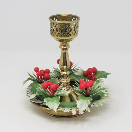 Candle Holder, Christmas Brass-Look Holder w/ Retro Plastic Greenery Ring, Taper Holder, Vintage