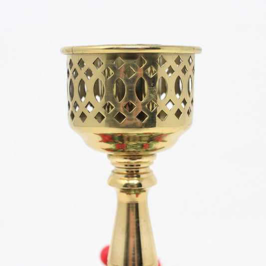 Candle Holder, Christmas Brass-Look Holder w/ Retro Plastic Greenery Ring, Taper Holder, Vintage