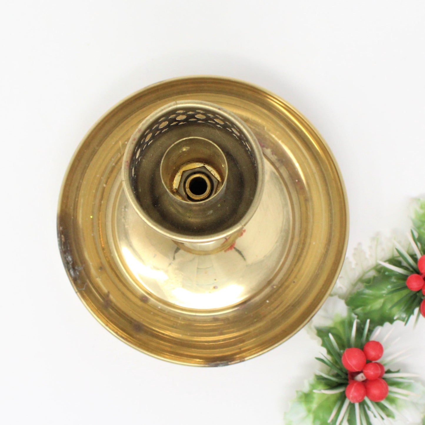 Candle Holder with Christmas Ring, Brass Color, Taper, Vintage