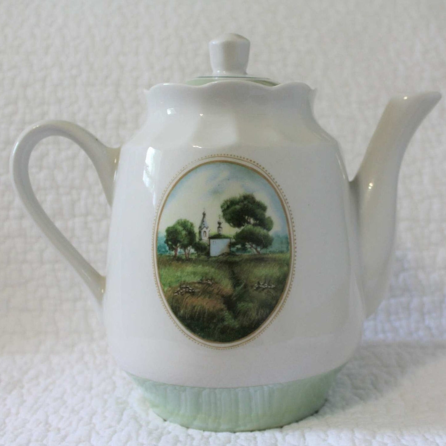 Coffee Pot, Green Iridescent Lusterware, Country Scene, Vintage