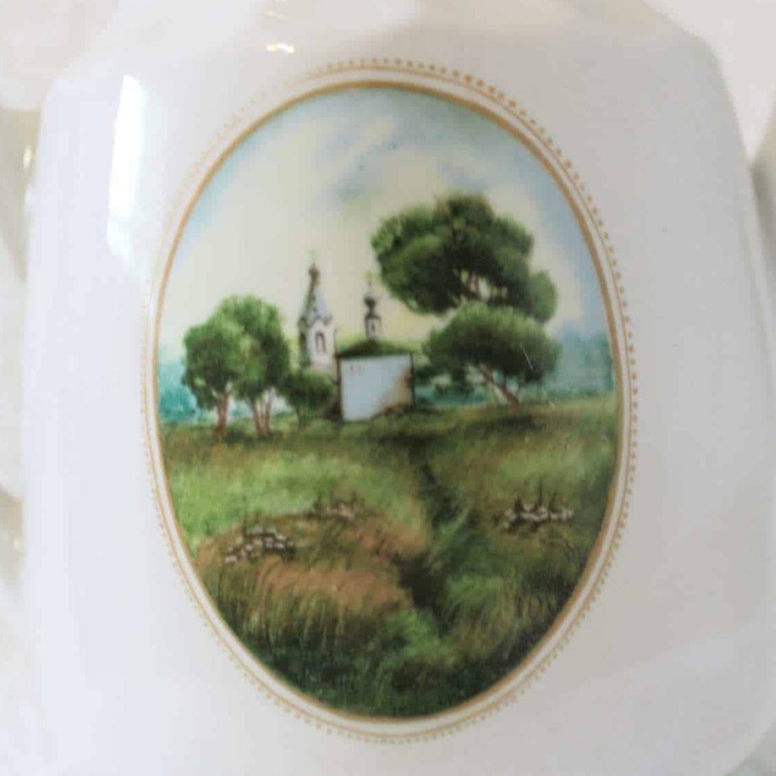 Coffee Pot, Green Iridescent Lusterware, Country Scene, Vintage