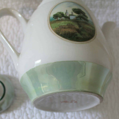 Coffee Pot, Green Iridescent Lusterware, Country Scene, Vintage