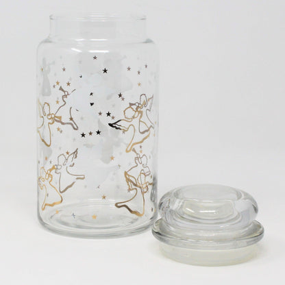 Canister, Anchor Hocking, Glass Apothecary Jar w/Lid, Herald Angels Gold & White, Vintage