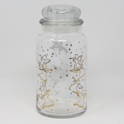 Canister, Anchor Hocking, Glass Apothecary Jar w/Lid, Herald Angels Gold & White, Vintage