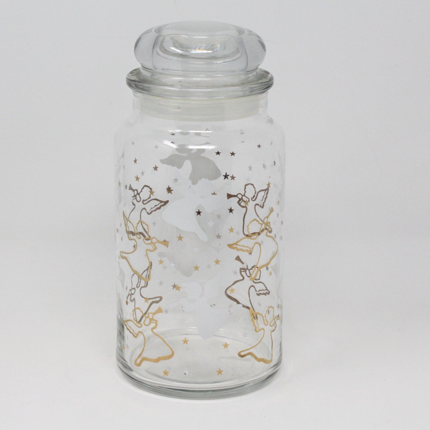 Canister, Anchor Hocking, Glass Apothecary Jar w/Lid, Herald Angels Gold & White, Vintage
