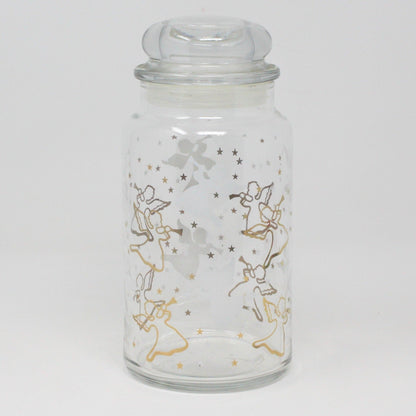 Canister, Anchor Hocking, Glass Apothecary Jar w/Lid, Herald Angels Gold & White, Vintage