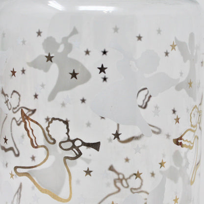 Canister, Anchor Hocking, Glass Apothecary Jar w/Lid, Herald Angels Gold & White, Vintage