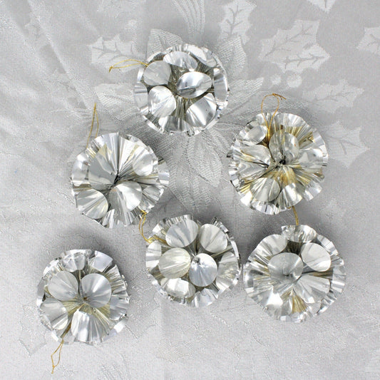 Ornaments, Atomic Foil Christmas Pompoms, Silver, Vintage, Set of 6, in Box