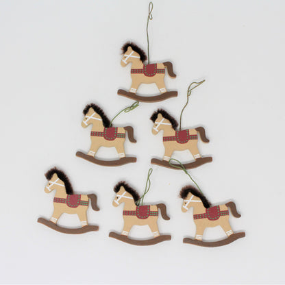 Ornaments, Mini Wooden Christmas Rocking Horses, Vintage, Set of 6