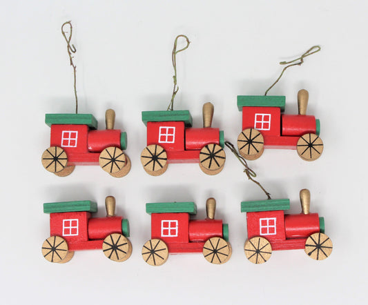 Ornaments, Mini Wooden Christmas Trains, Vintage, Set of 6