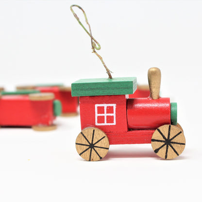 Ornaments, Mini Wooden Christmas Trains, Vintage, Set of 6