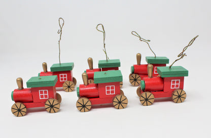 Ornaments, Mini Wooden Christmas Trains, Vintage, Set of 6