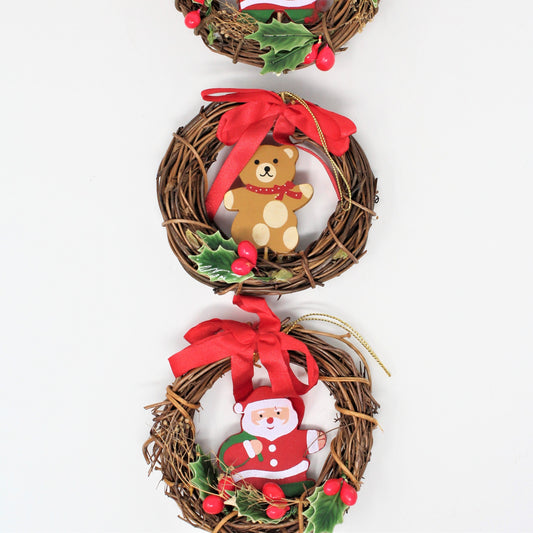 Ornaments, Santa & Teddy Bear Wreaths, Natural Grapevine, Set of 3, Vintage Christmas