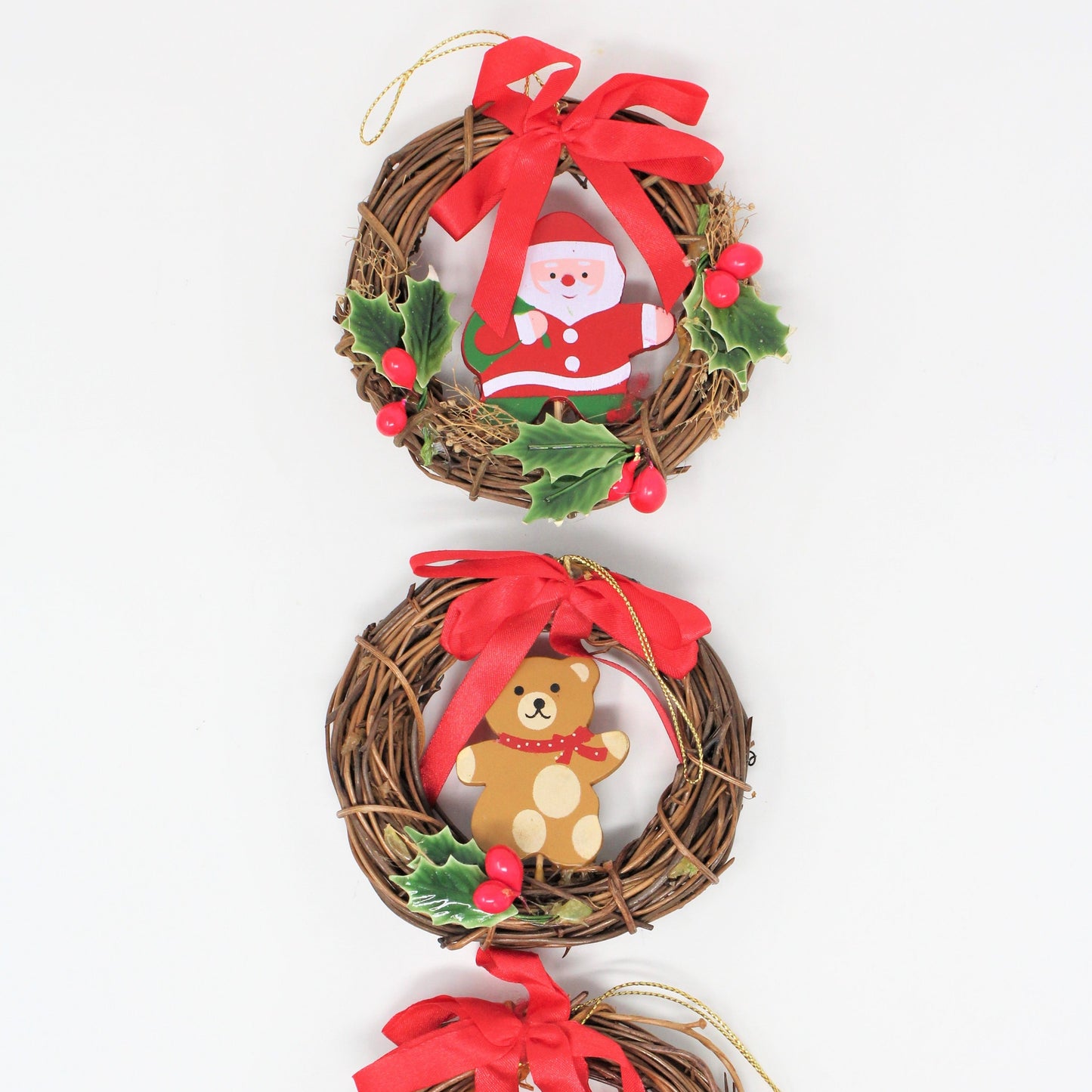 Ornaments, Christmas Wreaths Santa & Teddy Bear, Natural Grapevine, Set of 3, Vintage